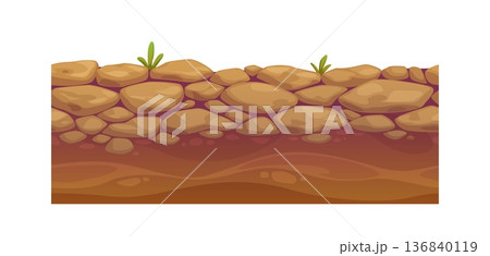 Game ground soil layer of desert sand and stones of underground rocky terrain, vector texture section. Ground soil for game assets of earth layer with desert rocks and grass in seamless cartoon 136840119
