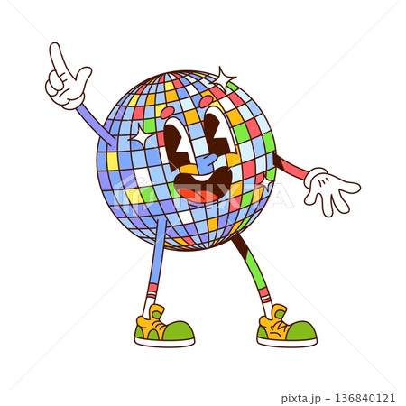 Cartoon hippie groovy disco ball character. Party mirror discoball vector vintage y2k personage with sparkling multicolored facets, cheerful eyes and wide inviting smile, radiating dance floor energy 136840121