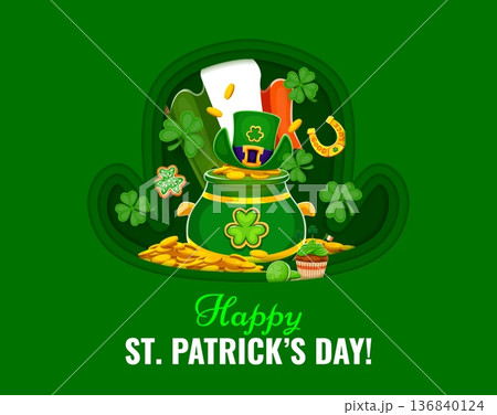 Paper cut happy St patrick's day greeting card with green pot of gold coins, leprechaun hat, shamrock clover, lucky horseshoe and Irish flag inside of 3d vector festive holiday layered papercut frame Paper cut happy St patrick's day greeting card with green pot of gold coins, leprechaun hat, shamrock clover, lucky horseshoe and Irish flag inside of 3d vector festive holiday layered papercut frame 136840124