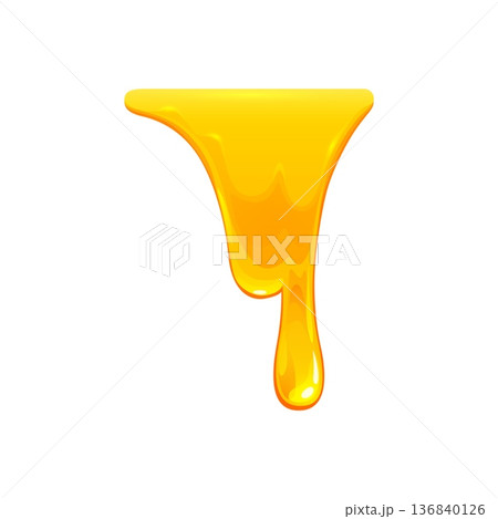 Sweet melt and drip honey syrup, liquid yellow dessert or oil texture. Cartoon vector sticky dripping, glossy liquid flow, yellow sauce drip. Dessert element with smooth drops, isolated food splash 136840126