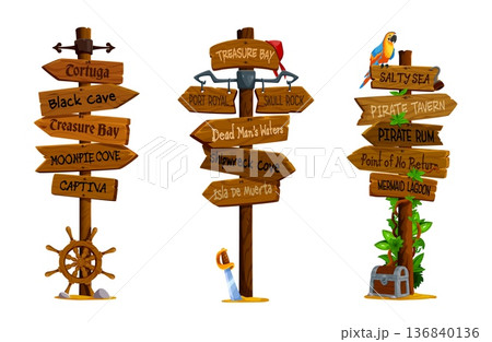 Cartoon wooden pirate and corsair signboards, medieval signages with vector treasure chest, sea ship wheel, sword and parrot. Pirate adventure game UI assets set of old wood plank arrow signboards Cartoon wooden pirate and corsair signboards, medieval signages with vector treasure chest, sea ship wheel, sword and parrot. Pirate adventure game UI assets set of old wood plank arrow signboards 136840136