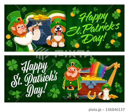 Happy St Patrick's day holiday greeting banners. Vector festive Irish celebration cards with cartoon leprechaun character, dog or cat, treasure chest and pot with gold coin, rainbow, clover, horseshoe Happy St Patrick's day holiday greeting banners. Vector festive Irish celebration cards with cartoon leprechaun character, dog or cat, treasure chest and pot with gold coin, rainbow, clover, horseshoe 136840137