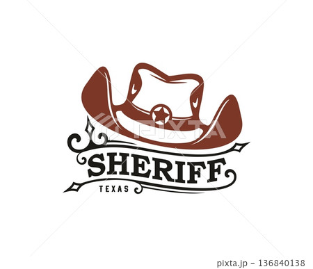 Wild West and western Texas sheriff icon or symbol. Texas history symbol, US Wild West vector emblem. American sheriff sign or USA Western icon with cowboy hat and vintage typography Wild West and western Texas sheriff icon or symbol. Texas history symbol, US Wild West vector emblem. American sheriff sign or USA Western icon with cowboy hat and vintage typography 136840138