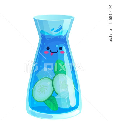 Cartoon water vector drink character. Cute kawaii jug filled with refreshing water, cucumber slices, mint leaves and ice cubes. Jug has kawaii smiling face with pink cheeks and tongue sticking out 136840174
