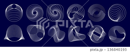 Geometric line round wave spiral vector shapes. Abstract geometric white line shapes in circular and spiral forms with smooth contours. Distortion and fluid wave movement, optical illusion 136840193