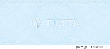 Checkbook cheque voucher and money guilloche pattern security watermark, vector grid texture background. Blue guilloche texture with concentric rosettes and thin curved filigree lines 136840197