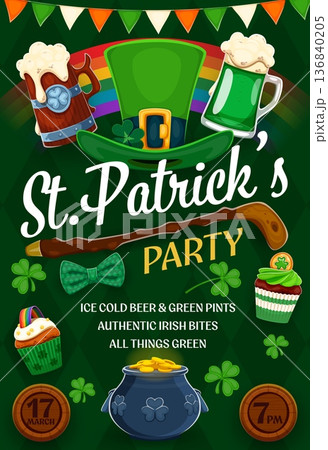 Happy Saint Patrick's Day party flyer for Irish holiday event, vector poster. St Patrick party flyer and invitation with leprechaun hat and shamrock clovers, green ale beer pint and gold coins pot Happy Saint Patrick's Day party flyer for Irish holiday event, vector poster. St Patrick party flyer and invitation with leprechaun hat and shamrock clovers, green ale beer pint and gold coins pot 136840205