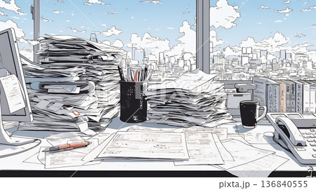 机の上に書類が山のように積まれている：書類整理ができていない状態