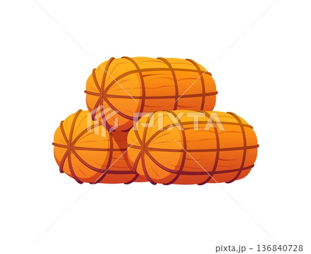 Japanese New Year straw rice bale bundles tied with rope and stacked together. Vector symbol of agriculture, harvest, tradition and rural culture in seasonal festival rituals and Asian decoration Japanese New Year straw rice bale bundles tied with rope and stacked together. Vector symbol of agriculture, harvest, tradition and rural culture in seasonal festival rituals and Asian decoration 136840728