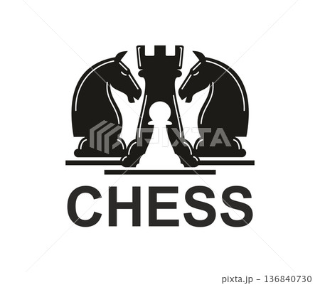 Chess game sport club championship monochrome icon or emblem. Chess sport emblem, chessboard competition vector icon. Business strategy and power sign with rook, pawn, and knights pieces silhouette Chess game sport club championship monochrome icon or emblem. Chess sport emblem, chessboard competition vector icon. Business strategy and power sign with rook, pawn, and knights pieces silhouette 136840730