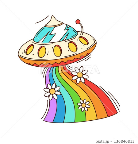 Space alien UFO cartoon groovy sticker or symbol. Cosmos invader retro hippie label, outer space groovy vector tag. Galaxy extraterrestrial life patch with alien UFO shooting rainbow colors beam 136840813