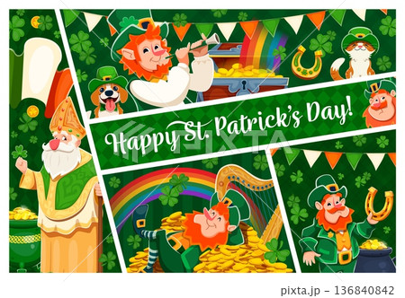 Happy St Patrick's day holiday poster with funny leprechaun characters. Cartoon vector Irish greeting collage with shamrock clover, rainbow, pot of gold, harp, dog, cat, bagpipe and festive symbols Happy St Patrick's day holiday poster with funny leprechaun characters. Cartoon vector Irish greeting collage with shamrock clover, rainbow, pot of gold, harp, dog, cat, bagpipe and festive symbols 136840842