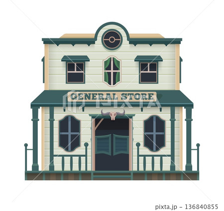 Western town general store cartoon building. USA history architecture wooden construction, American Western general store vector home porch. US ancient city house facade or two storey building 136840855