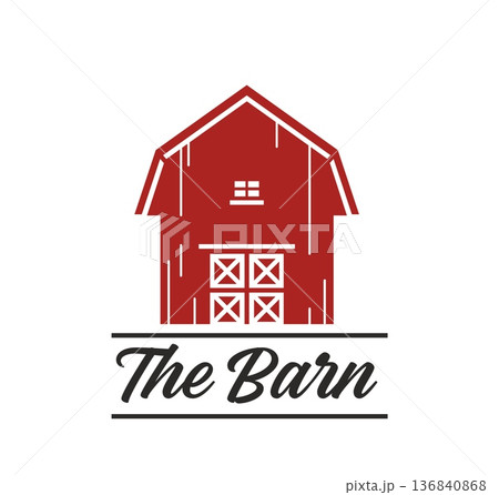 Red wooden farm barn building icon. Vector minimalist design features classic barn structure with doors and windows for farm businesses, countryside emblems, and western brand symbols Red wooden farm barn building icon. Vector minimalist design features classic barn structure with doors and windows for farm businesses, countryside emblems, and western brand symbols 136840868