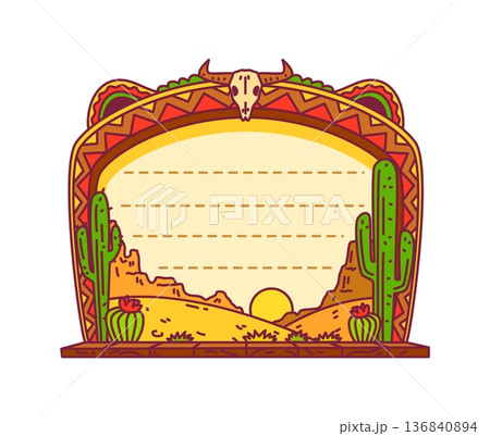 Memo note frame or kids paper sticker with Mexican theme, vector diary planner. Kids memo note with Mexican desert valley and cactus for daily plan list or message post page sheet for sticky note Memo note frame or kids paper sticker with Mexican theme, vector diary planner. Kids memo note with Mexican desert valley and cactus for daily plan list or message post page sheet for sticky note 136840894