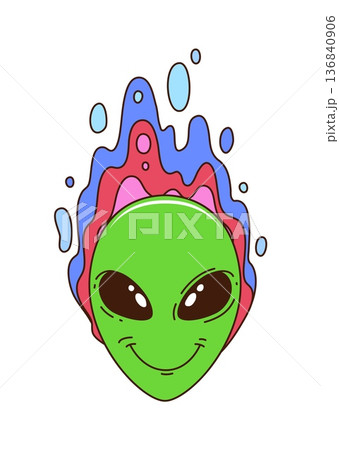 Space alien green face cartoon groovy cheerful character. Outer space discovery groovy sticker, astronomy and extraterrestrial life vector label with happy smiling alien green face and colorful liquid Space alien green face cartoon groovy cheerful character. Outer space discovery groovy sticker, astronomy and extraterrestrial life vector label with happy smiling alien green face and colorful liquid 136840906