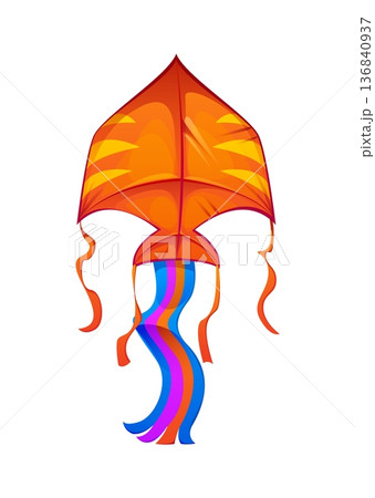 Kids sport game and festive paper kite with diamond body and rounded edges, flowing orange ribbons hang from the sides, tail with colorful striped streamers. Vector flying toy for play and festival 136840937