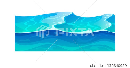 Cartoon game ground soil layer of water. Vibrant vector layer of flowing blue water waves. Glowing, horizontal section for 2D game backgrounds, adventure maps, or UI path elements. Cartoon game ground soil layer of water. Vibrant vector layer of flowing blue water waves. Glowing, horizontal section for 2D game backgrounds, adventure maps, or UI path elements. 136840939