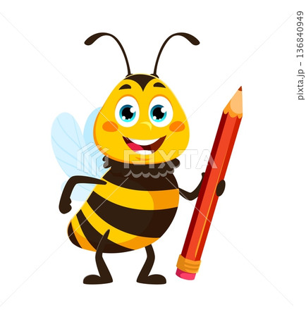 Holding pencil honey bee or wasp character. Bee, bumblebee or wasp cute character, farm garden insect baby cheerful vector isolated personage. Honeybee bug student funny cartoon mascot 136840949