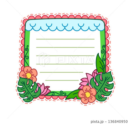 Monstera leaf and floral kids memo note frame. Kids planner vector spring rectangular frame, children scrapbook floral label. Child diary page nature memo note with tropical plant leaf and flowers 136840950