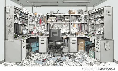足の踏み場もないような散らかった仕事場 136840958
