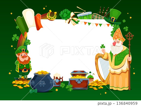 Happy Saint Patrick's Day greeting card frame template for Irish holiday, vector poster. St Patrick character with Ireland flag, leprechaun with gold coin pot in shamrock clovers frame for greeting 136840959