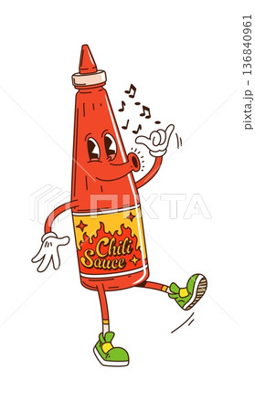 Cartoon funky groovy chili sauce character with funny face and smile, comic vector. Groovy character of spicy pepper chili sauce bottle whistling a song, melody notes, and walking in hipster shoes 136840961