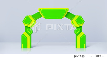 Modern exhibition green and yellow event arch or entrance gate mockup, vector 3D template. Event arch for exhibition or expo entry archway in acid colors for futuristic or technology style entrance Modern exhibition green and yellow event arch or entrance gate mockup, vector 3D template. Event arch for exhibition or expo entry archway in acid colors for futuristic or technology style entrance 136840962