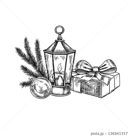Christmas composition, gift box, a spruce branch, and a lantern. Black and white graphics, handmade vector illustrations. For greeting and invitation cards, posters, banners, packaging, and more. Christmas composition, gift box, a spruce branch, and a lantern. Black and white graphics, handmade vector illustrations. For greeting and invitation cards, posters, banners, packaging, and more. 136841357