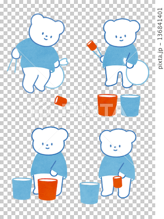 一組北極熊撿拾和分類垃圾的插圖，展現了環境保護和永續發展目標。 136841401