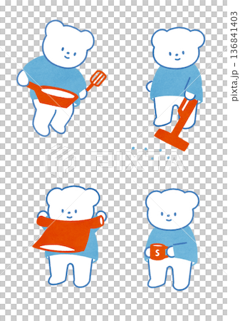 一組北極熊做家事的圖解：煮飯、打掃、洗衣服、休息 136841403