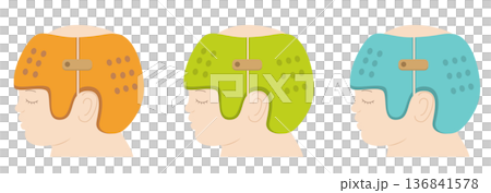 Illustration of an Asian baby wearing a helmet to correct his head shape 136841578