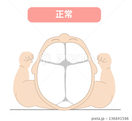 赤ちゃんが寝ている際の頭の向きによって頭の形に歪みが生じるメカニズム、正常な寝方の赤ちゃんのイラスト 赤ちゃんが寝ている際の頭の向きによって頭の形に歪みが生じるメカニズム、正常な寝方の赤ちゃんのイラスト 136841586