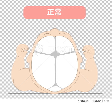 赤ちゃんが寝ている際の頭の向きによって頭の形に歪みが生じるメカニズム、正常な寝方の赤ちゃんのイラスト 赤ちゃんが寝ている際の頭の向きによって頭の形に歪みが生じるメカニズム、正常な寝方の赤ちゃんのイラスト 136841586