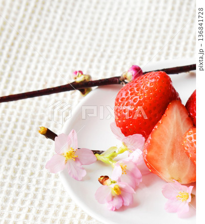 お皿にのせた大粒いちごと啓翁桜と梅の花とのクローズアップ 白バック お皿にのせた大粒いちごと啓翁桜と梅の花とのクローズアップ 白バック 136841728