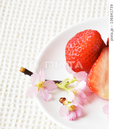 お皿にのせた大粒いちごと啓翁桜と梅の花とのクローズアップ　白バック 136841739