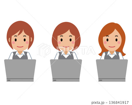 パソコンを操作するグレー事務服の若い女性 136841917