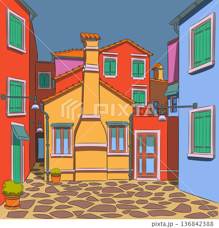 Colorful Courtyard On Burano Island Venice Italy Vector Illustration Colorful Courtyard On Burano Island Venice Italy Vector Illustration 136842388