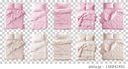 2 Collection set of pastel light pink beige blank blanket, pillows, comforter duvet bedding double king queen single bed top view on transparent cutout, PNG file. Many design. Mockup template 136842493