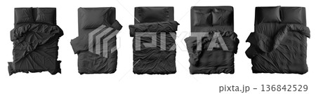 Collection set of black Empty blanket, pillows, comforter duvet bedding double king queen single bed top view on transparent cutout, PNG file. Many design. Mockup  136842529
