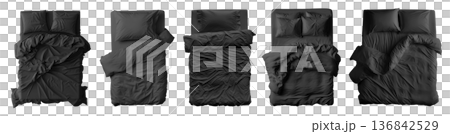 Collection set of black Empty blanket, pillows, comforter duvet bedding double king queen single bed top view on transparent cutout, PNG file. Many design. Mockup  136842529