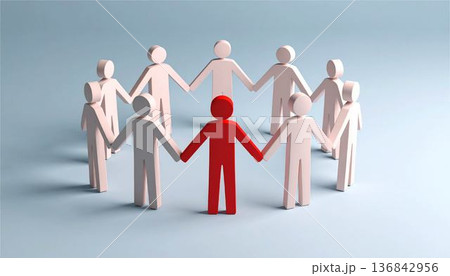 円陣を組んで手を繋ぐ人々の中で一人だけ際立つ赤い人物。リーダーシップ、個性、多様性、組織、差別化 136842956