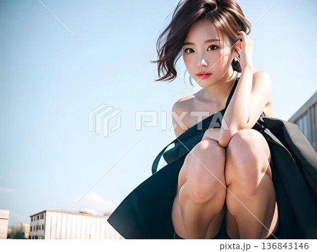 ベランダにいる水着の若い女性 136843146