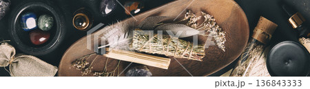 Rustic Aromatherapy and Healing Crystal Arrangement on Dark Background 136843333