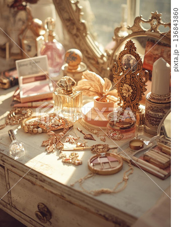 ラグジュアリーな香水、アクセサリーのあるメイク台 136843860