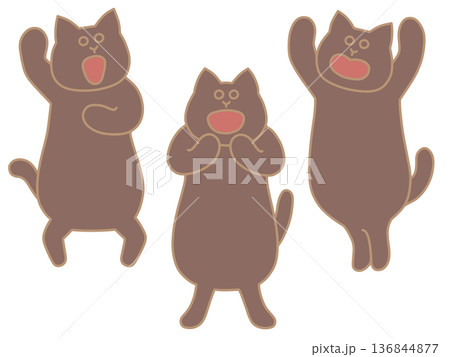 ゆるい猫たちが応援しているイラスト　バンザイ・声援・ガッツポーズ　こげ茶色 136844877