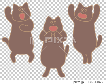 ゆるい猫たちが応援しているイラスト　バンザイ・声援・ガッツポーズ　こげ茶色 136844877