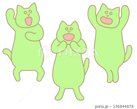 ゆるい猫たちが応援しているイラスト バンザイ・声援・ガッツポーズ 黄緑 ゆるい猫たちが応援しているイラスト バンザイ・声援・ガッツポーズ 黄緑 136844878