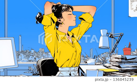 仕事の合間にストレッチ（伸び）をする女性