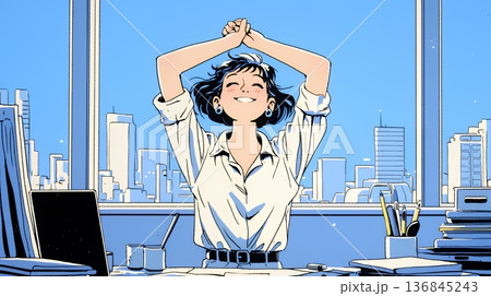 仕事の合間にストレッチ（伸び）をする女性